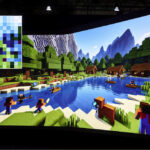 alt_text: A vibrant Minecraft scene with forests, mountains, a lake, and various characters in a blocky world.